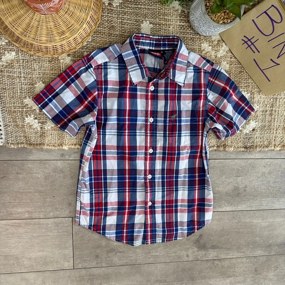 New Wrangler Boys Plaid Button Down Short Sleeve Shirt Size Small Red White Blue